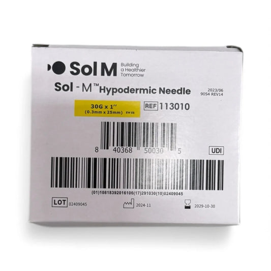 Sol-M Hypodermic Needle, 30G x 1” - Box of 100