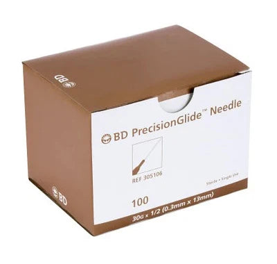 BD PrecisionGlide Hypodermic Needle, 30G x 0.5”, Regular Wall - Box of 100