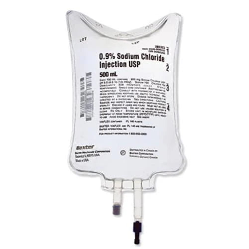 Baxter 0.9% Sodium Chloride Injection Solution, IV Bag, 500ml - Case of 24