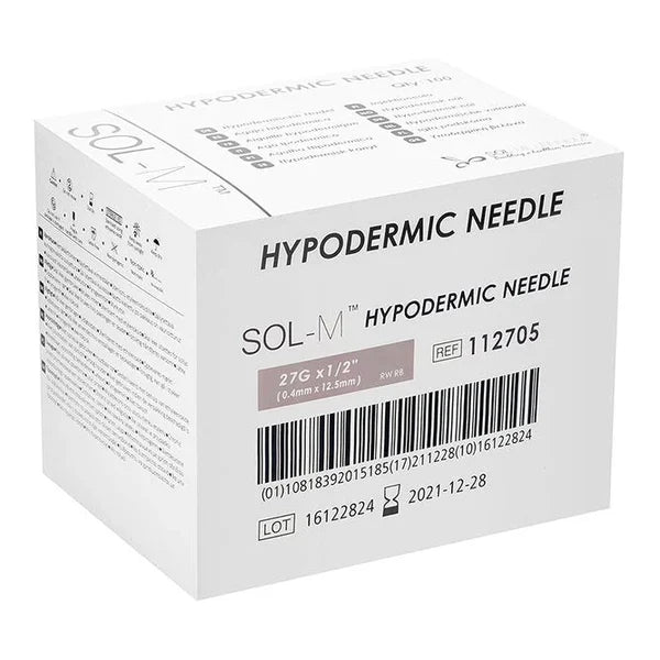 Sol-M Hypodermic Needle, 27G x 0.5” - Box of 100