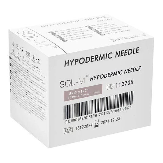Sol-M Hypodermic Needle, 27G x 0.5” - Box of 100