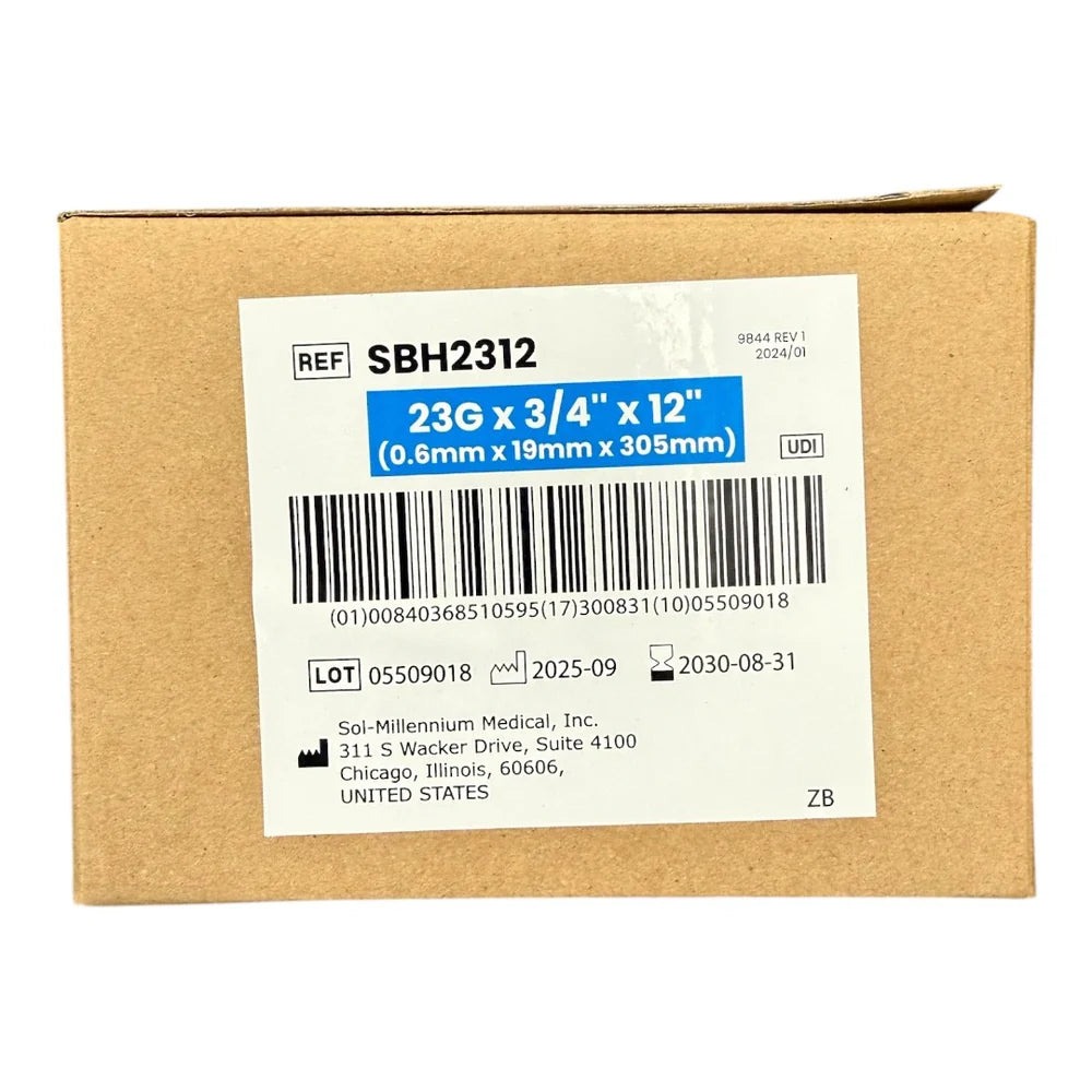 Sol-Care Safety Blood Collection Needle w/ Pre-Attached Holder, 23G x 0.75” (12” Tubing) - Box of 25
